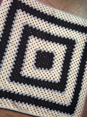 Handmade Crochet Granny Square Blanket in Black, Cream & Gray